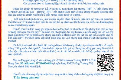 TRI ÂN NHỮNG TẤM LÒNG – HƯỚNG VỀ LỄ KỈ NIỆM 60 NĂM NGÀY THÀNH LẬP TRƯỜNG THPT A TRẦN HƯNG ĐẠO (TRƯỜNG CẤP III MỸ LỘC – TRƯỜNG THPT TRẦN HƯNG ĐẠO)